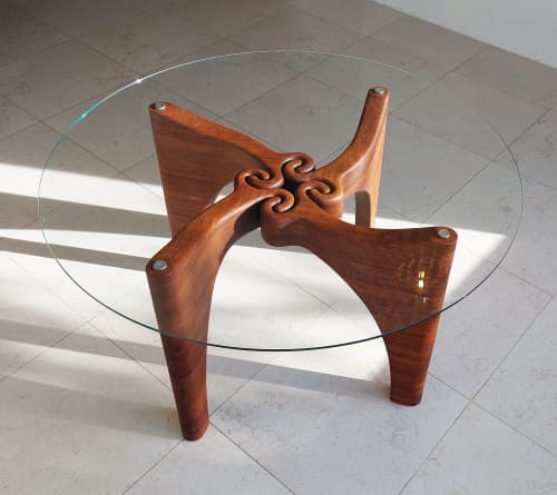 "GRIP dining" Sculptural, monolithic bamboo diningtable base | Dining Table in Tables by JAN PAUL. Item composed of bamboo and glass in mid century modern or contemporary style