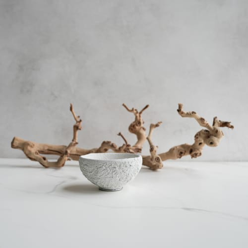 Medium Treasure Bowl in Textured White Concrete with Steel F | Decorative Bowl in Decorative Objects by Carolyn Powers Designs. Item made of concrete works with minimalism & contemporary style