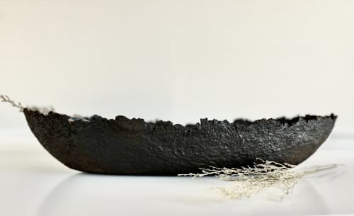Long Rustic Black Bowl Paper Mache Material | Decorative Bowl in Decorative Objects by TM Olson Collection. Item composed of paper in minimalism or japandi style