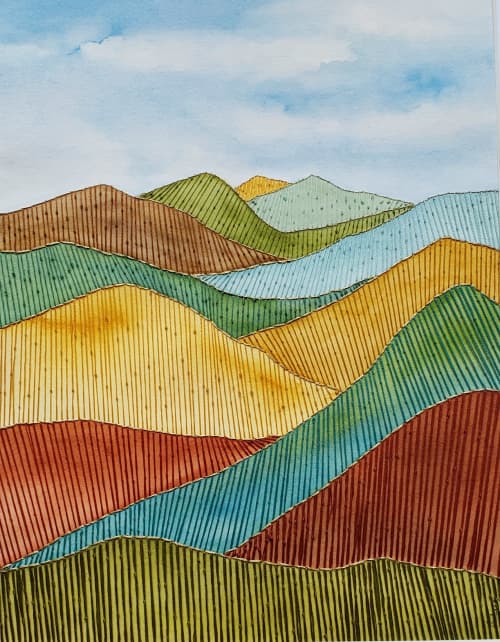 The Shape of the Land. Hand-embroidered Watercolor | Watercolor Painting in Paintings by Laila Vazquez. Item made of cotton with paper works with mid century modern & contemporary style