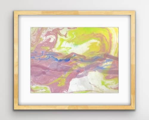 Neon Sun I Japanese Marbling, Ink on Paper I Oak Frame | Mixed Media in Paintings by KMOK Art. Item composed of paper in boho or minimalism style
