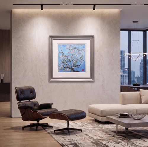 Random Stitching Suzhou Embroidery Van Gogh Almond Blossoms | Wall Hangings by Dynasty Artisan. Item made of wood with fabric works with eclectic & maximalism & art deco style