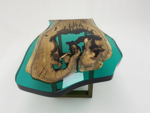 Green Epoxy Resin Live Edge Coffee Table | Tables by Tinella Wood. Item composed of walnut and metal in minimalism or contemporary style