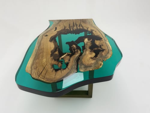 Green Epoxy Resin Live Edge Coffee Table | Tables by Tinella Collection. Item composed of walnut and metal in minimalism or contemporary style
