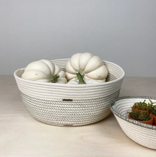 Decorative cotton rope bowl with coloured thread accents by Crafting the  Harvest