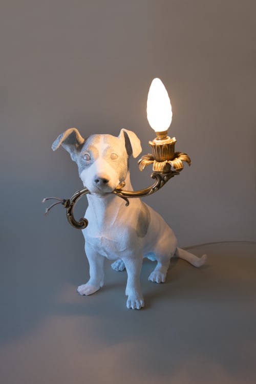 5 Minutes Alone (Dog with lamp) | Sculptures by MARCANTONIO. Item composed of brass and synthetic