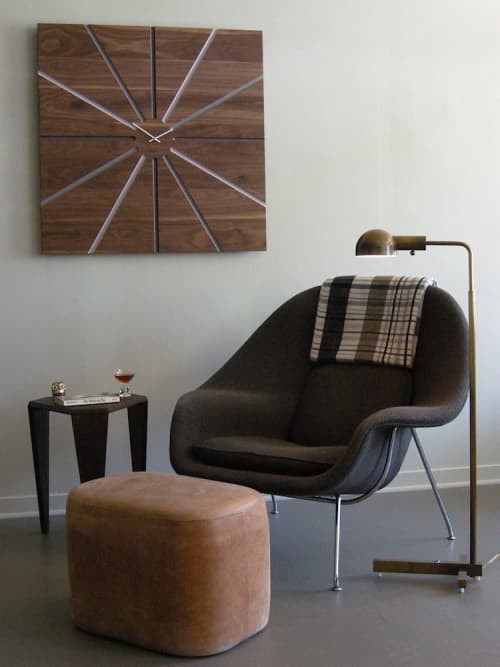Custom Wall Clock, Leather Ottoman, and Side Table | Decorative Objects by Jason Lees Design. Item composed of wood