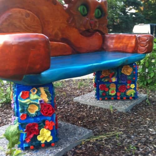 Kitty Bench with Venus Fly Traps and Begonias | Benches & Ottomans by Rachel Kaiser Art. Item composed of wood