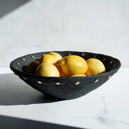 Low Wabi Sabi Bowl in Carbon Black Concrete and Brass | Decorative Bowl in Decorative Objects by Carolyn Powers Designs. Item composed of brass and concrete in minimalism or contemporary style
