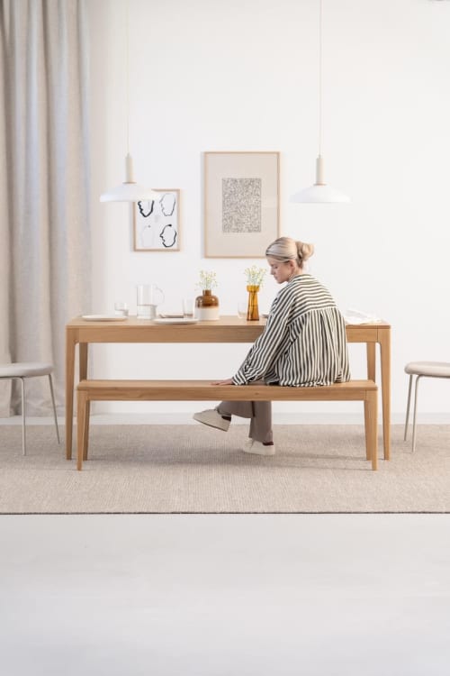 HYGG - Dining table with bench – Mid-Century Modern design | Tables by Mo Woodwork. Item made of oak wood works with minimalism & mid century modern style