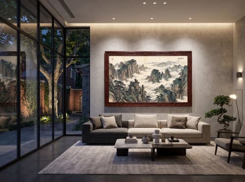 Hand-Painted Silk Blue-Gree Shanshui Misty Peaks Wall Art | Oil And Acrylic Painting in Paintings by Dynasty Artisan. Item composed of wood and fabric in contemporary or eclectic & maximalism style