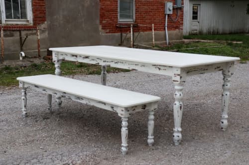 White Farmhouse Dining Table & Bench with Distressed Legs | Tables by Hazel Oak Farms. Item composed of wood