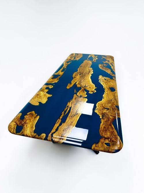 Blue Resin Olive Wood Dining Room Table by Tinella Wood | Dining Table in Tables by Tinella Collection. Item composed of wood and brass in minimalism or art deco style