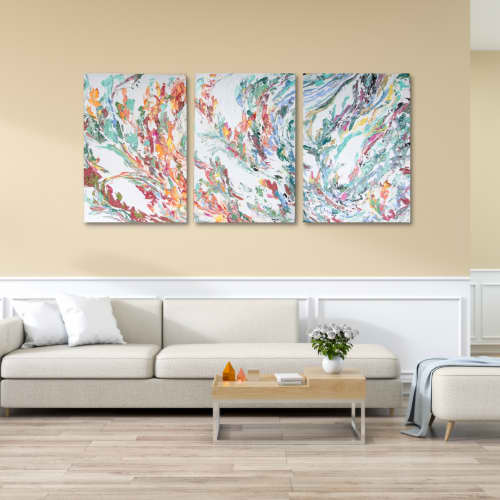 Energy Abstract Painting Triptych 40x90in Custom | Oil And Acrylic Painting in Paintings by Monika Kupiec Abstract Art. Item made of canvas with synthetic works with art deco style