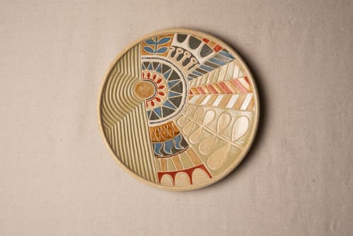 Solstice 15" Handcarved Stoneware Art Platter | Wall Sculpture in Wall Hangings by Clare and Romy Studio. Item composed of stoneware in boho or mid century modern style