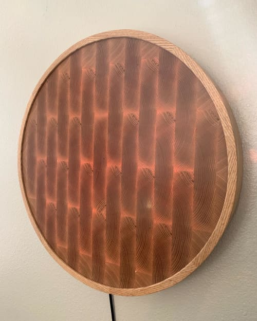 Red Oak End Grain Mosaic in a round steam bent oak frame | Art & Wall Decor by SHKHenson. Item made of oak wood