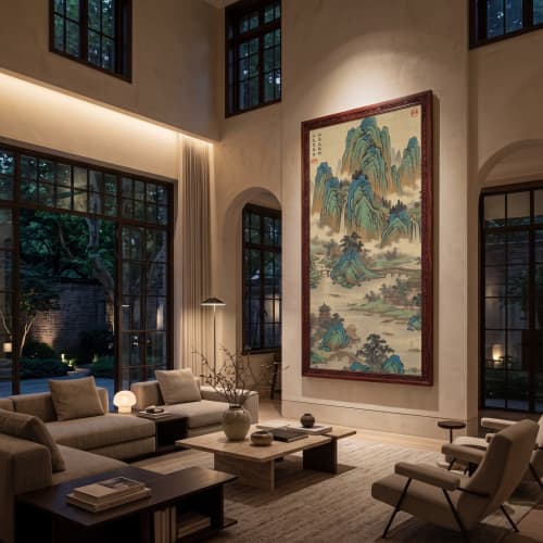 Hand-Painted Silk River Mountain Landscape Scroll Wall Art | Oil And Acrylic Painting in Paintings by Dynasty Artisan. Item composed of wood and fabric in contemporary or eclectic & maximalism style