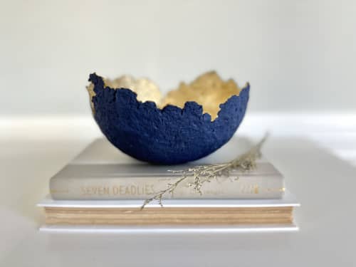 Navy and Gold Eggshell Bowl Paper Mache Material | Decorative Bowl in Decorative Objects by TM Olson Collection. Item composed of paper compatible with contemporary and eclectic & maximalism style