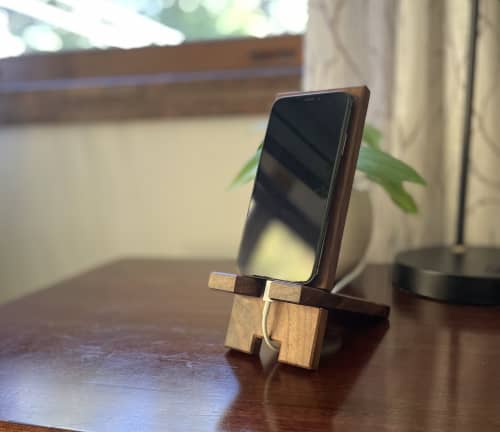 Folding Hardwood Phone Stand - Choose Your Wood | Storage by Sterling Woodcrafts. Item made of wood works with contemporary & japandi style