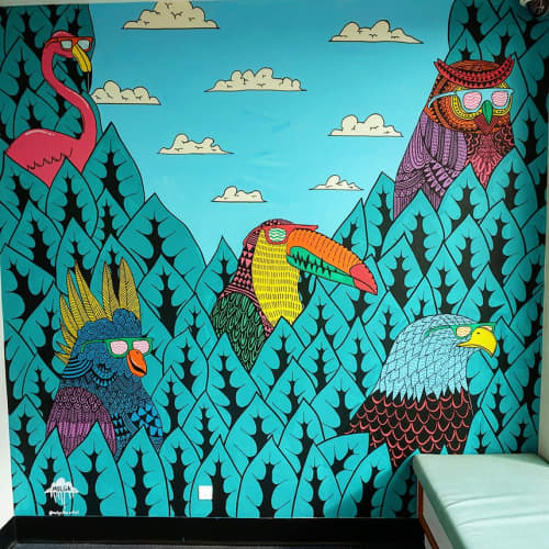 Birds chilling in leaves | Murals by Mulga | Sydney Children's Hospital, Randwick in Randwick. Item composed of synthetic