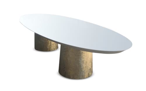 Benone Twin-Pedestal Oval Dining Table, by Costantini Design | Tables by Costantini Design. Item made of wood & bronze