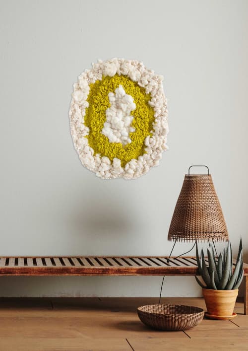 CHARTREUSE CLOUDS - Textile Wall Sculpture | Wall Hangings by Melodie Nicolle. Item composed of wood and cotton in boho or minimalism style