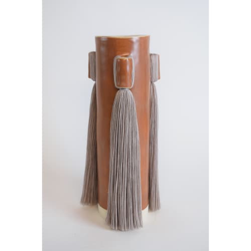 Handmade Ceramic Vase #607 in Brown with Gray Cotton Fringe | Vases & Vessels by Karen Gayle Tinney. Item composed of cotton and ceramic in boho or coastal style