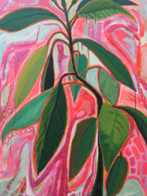 Chlorophylle et bubble gum | Mixed Media in Paintings by Marielle Robichaud. Item made of birch wood works with contemporary & eclectic & maximalism style