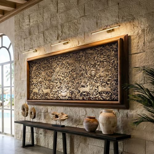 Monumental Single-Slab High Relief Teak Panel (225cm) | Wall Sculpture in Wall Hangings by Adam's Luxury Home. Item composed of wood in eclectic & maximalism or art deco style
