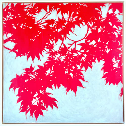 Sunrise Japanese Maple II: Framed to 38 x 38" | Oil And Acrylic Painting in Paintings by Christine So. Item composed of canvas in contemporary or japandi style