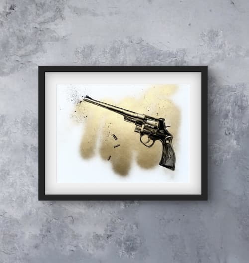 Smith & Wesson Gold. Pop art, Dada original painting. | Drawing in Paintings by Oplyart. Item made of paper works with minimalism & mid century modern style
