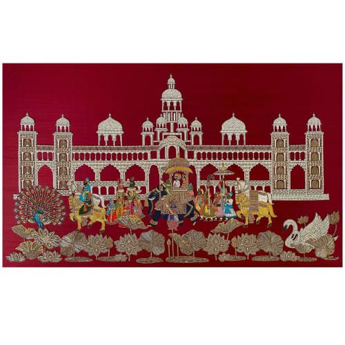 Emperor Prithviraj Chauhan and the Princess Sanyogita | Embroidery in Wall Hangings by MagicSimSim. Item composed of fabric and synthetic in art deco or asian style