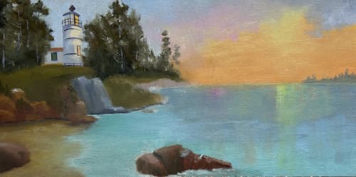 Keeping Watch A Lighthouse Painting | Oil And Acrylic Painting in Paintings by Christine Goldbeck MFA-IA Studio. Item made of linen works with contemporary & coastal style