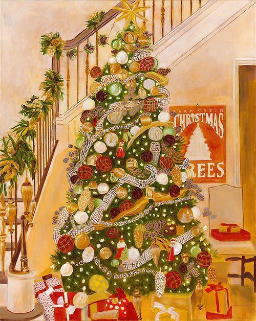 Christmas Tree with Golden Lights - Original Oil Painting on | Oil And Acrylic Painting in Paintings by Michelle Keib Art. Item made of canvas