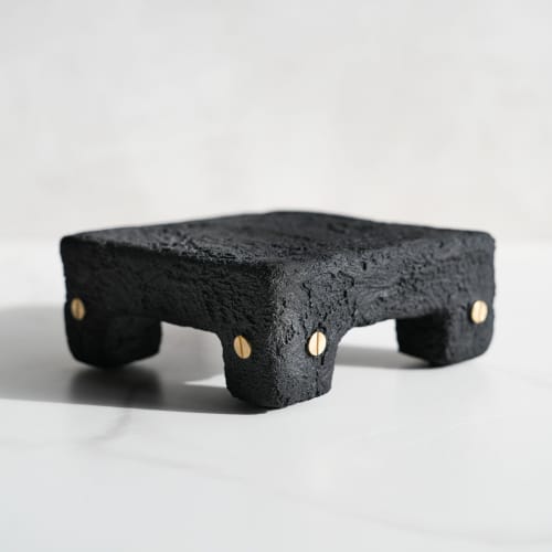 Small Shelf Riser in Carbon Black Concrete with Brass Rivets | Decorative Tray in Decorative Objects by Carolyn Powers Designs. Item made of brass with concrete works with minimalism & contemporary style