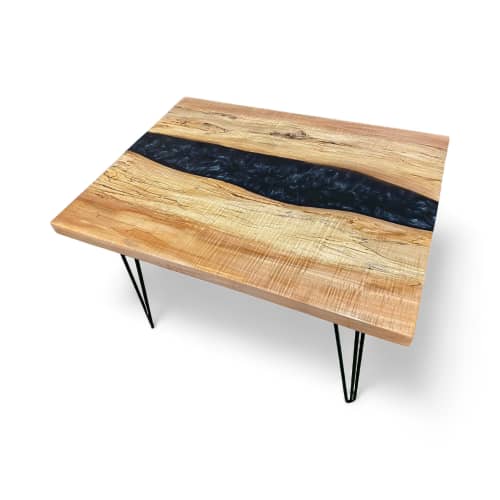 Live Edge Spalted Maple Resin River Coffee Table | Tables by Carlberg Design. Item made of maple wood with steel works with minimalism & modern style