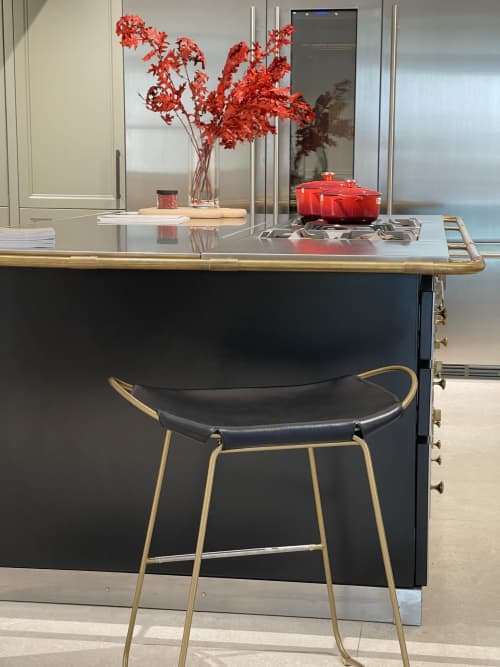 ¨Hug¨Kitchen Counter Stool Brass Steel & Tan Leather | Chairs by Jover + Valls. Item composed of steel and leather