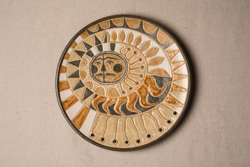 Mayan Sun 15" Handcarved Stoneware Art Platter | Decorative Tray in Decorative Objects by Clare and Romy Studio. Item composed of stoneware in boho or mid century modern style