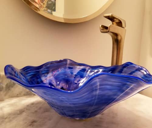 "Healing Waters" ~ Custom Blown Glass Vessel Sink | Water Fixtures by White Elk's Visions in Glass - Glass Artisan, Marty White Elk Holmes & COO, o Pierce