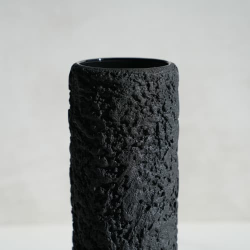 Cylinder Vase in Textured Carbon Black Concrete | Vases & Vessels by Carolyn Powers Designs. Item made of concrete with glass works with minimalism & contemporary style