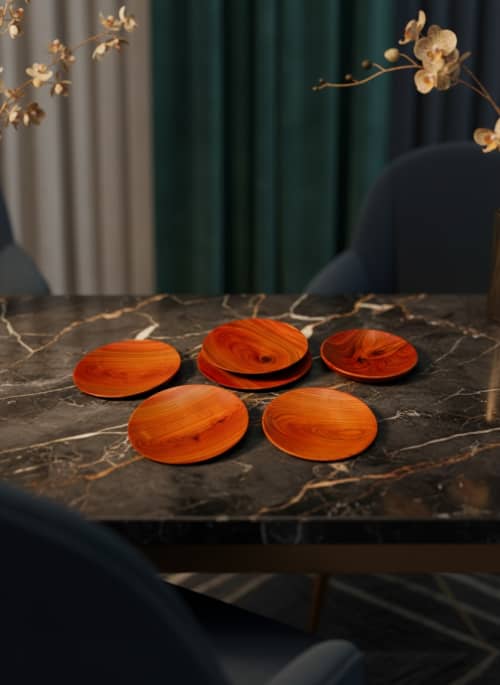 Cherry Wood Plate Set | Hand-Turned Luxury Dining Essentials | Decorative Bowl in Decorative Objects by Holzkunst Samuel Meisinger. Item composed of wood in minimalism or art deco style