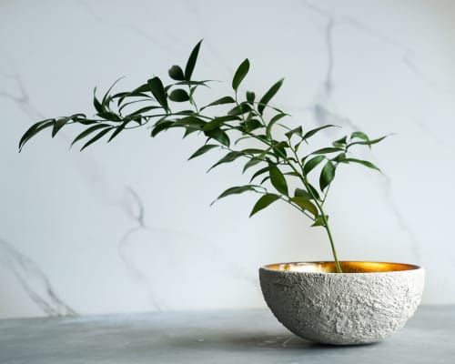 Large Bowl in Textured Alpine White Concrete with Gold Leaf | Decorative Bowl in Decorative Objects by Carolyn Powers Designs. Item made of concrete & glass compatible with minimalism and contemporary style
