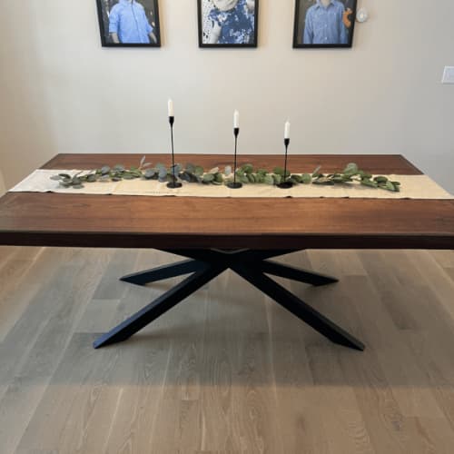The Harper Steel Pedestal Dining Table | Tables by Lumber2Love. Item made of oak wood with steel works with mid century modern & contemporary style