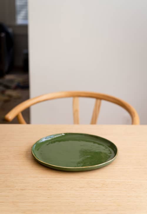 Handmade Porcelain Dinner Plates With Gold Rim. Green | Dinnerware by Creating Comfort Lab. Item made of ceramic