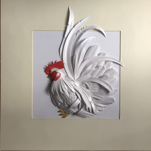 White rooster | Mixed Media by carlo urgese. Item made of paper compatible with japandi and modern style