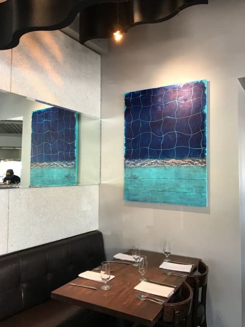 Night Swim | Mixed Media by LESLIE MORGAN ART | Oswald Restaurant in Santa Cruz. Item composed of wood & synthetic