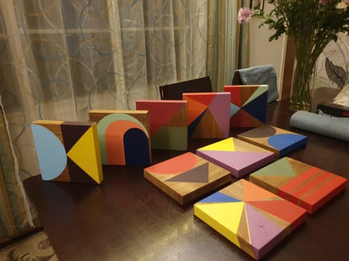 Teak Wood blocks 10 x 10 inch abstract Geometric Mural | Murals by Yamini Reddy. Item made of wood with synthetic