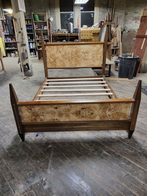 Mozambique and Mappa Burl Bed | Beds & Accessories by Donald Mee Design. Item made of brass compatible with mid century modern and contemporary style