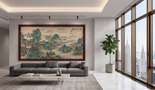 Hand-Painted Blue Green Landscape Song Dynasty Silk Art III | Oil And Acrylic Painting in Paintings by Dynasty Artisan. Item made of wood & fabric compatible with contemporary and eclectic & maximalism style