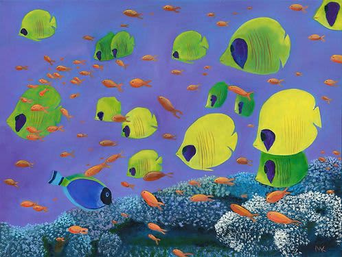 Tropical Fish With Coral - Vibrant Giclée Print | Prints in Paintings by Michelle Keib Art. Item made of paper